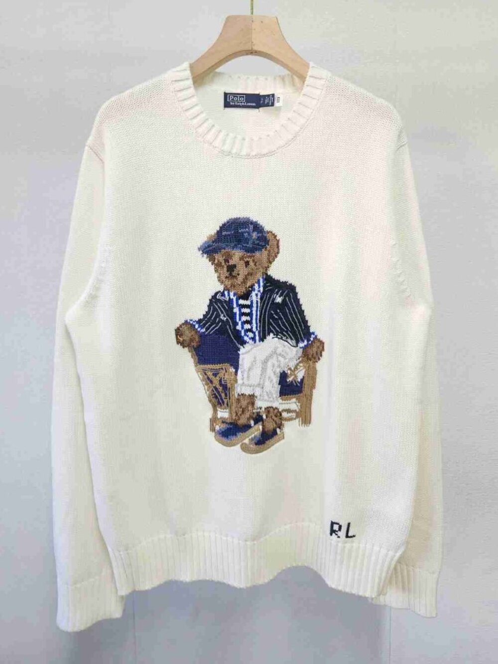 Polo Ralph Lauren Cream Sitting Polo Bear Crewneck Knit Sweater
